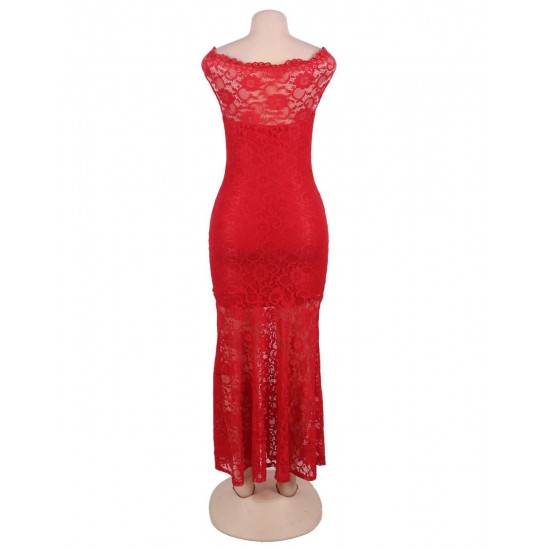 Red Lace Elegant Fishtail Maxi Party Gown