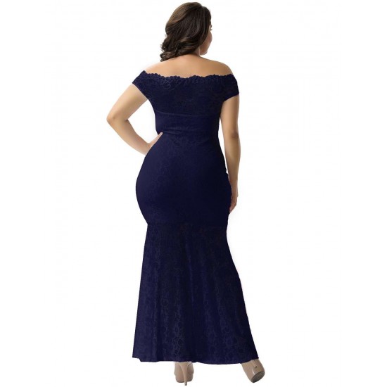 Plus Size Dark Blue Lace Elegant Party Gown