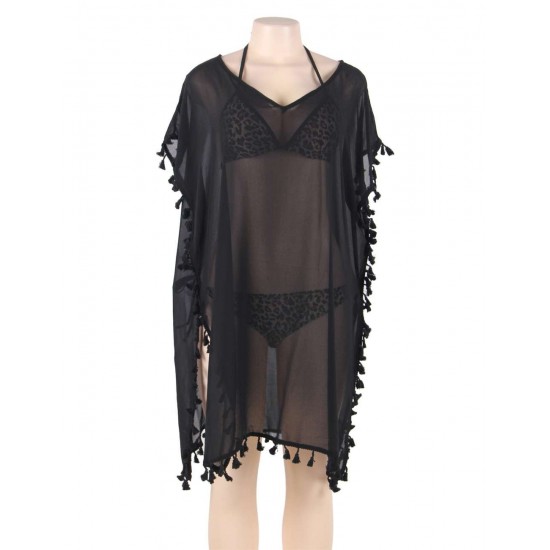 Black Pom Pom Tassel Hem Gauze Cover up