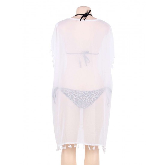 Pom Pom Tassel Hem White Gauze Cover up