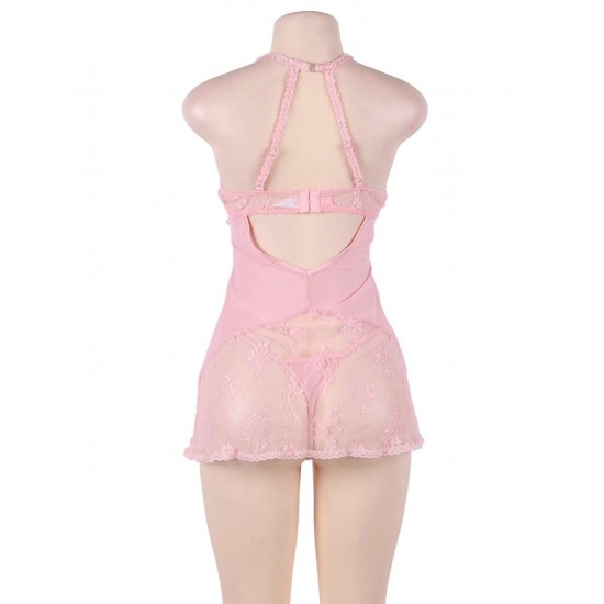 Seduction Pink Lace Transparente Halter Sexy Babydoll