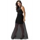 Plus Size Black Sleeveless Short Dress with Floor Length Sheer Overlay