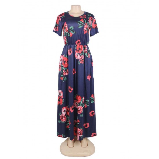 Short Sleeve Pocket Design Navy Blue Floral Maxi Dress