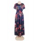 Short Sleeve Pocket Design Navy Blue Floral Maxi Dress