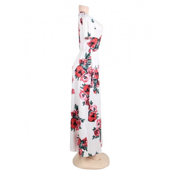 Plus Size Pocket Design Short Sleeve White Floral Maxi Dress