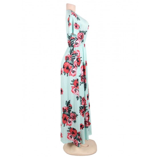 Plus Size Pocket Design Short Sleeve Mint Floral Maxi Dress