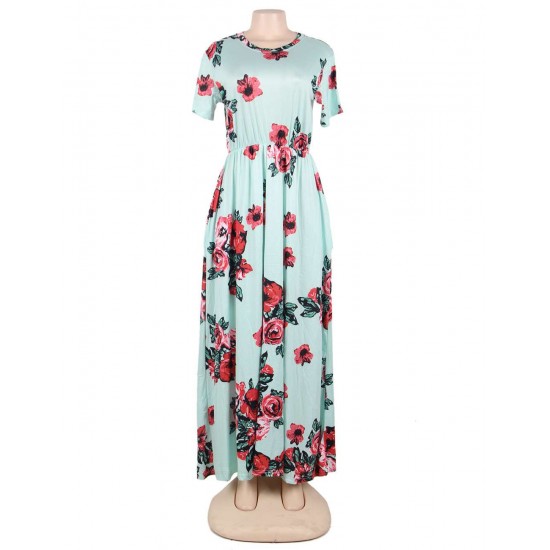 Mint Pocket Design Short Sleeve Floral Maxi Dress