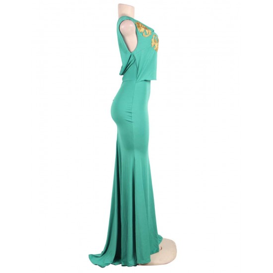 Green Elegant Embroidery Backless Sleeveless Party Gown