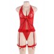 Red Sheer Tie Front  Mesh Babydoll Lingerie Set