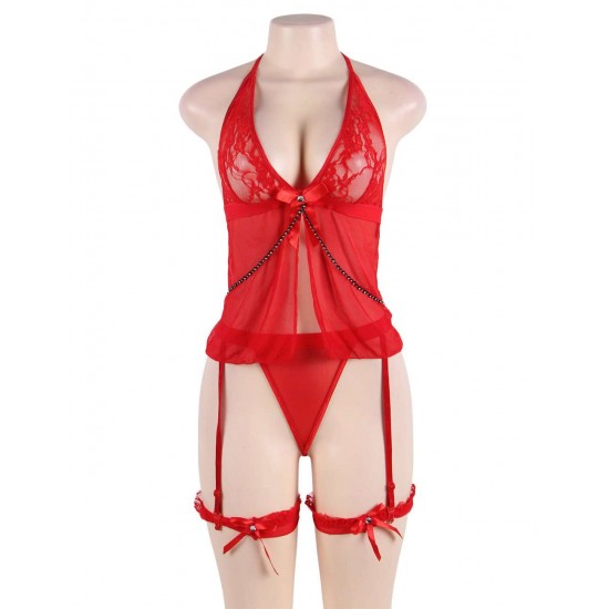 Plus Size Red Sheer Mesh Halter Babydoll Lingerie Set