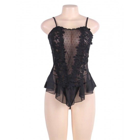 Plus Size Black Stereoscopic Flower Lace Babydoll