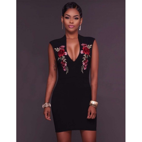 Rose Embroidery Black Mini Dress