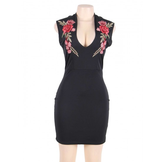 Rose Embroidery Black Mini Dress