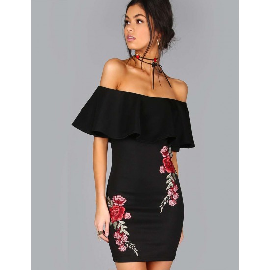 Black Ruffle Off-Shoulder Embroidery Bodycon Dress