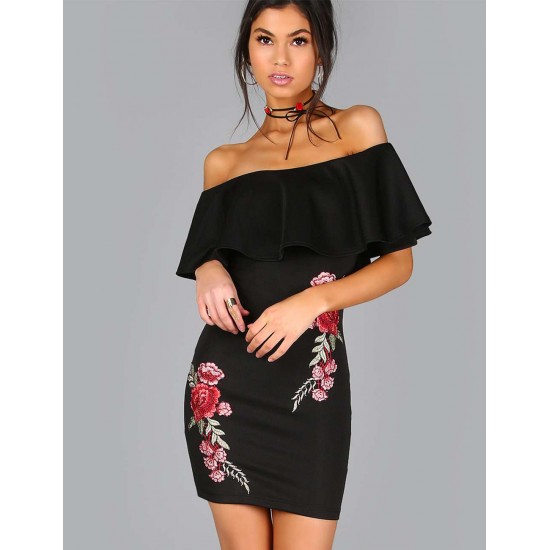 Black Ruffle Off-Shoulder Embroidery Bodycon Dress