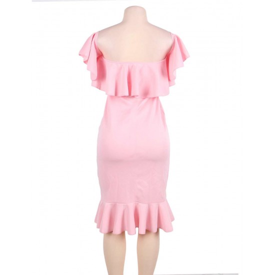 Plus Size Pink Ruffle Off-Shoulder Mermaid Bodycon Dress