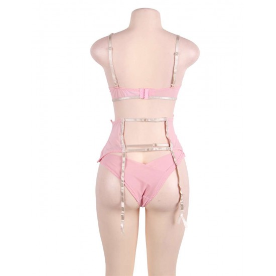 Seductive Pink 3 Piece Delicate Lace Bra Garter Set