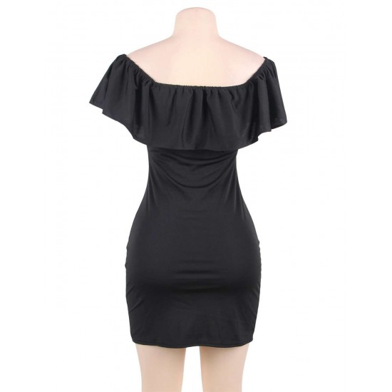 Black Ruffle Off-Shoulder Embroidery Bodycon Dress