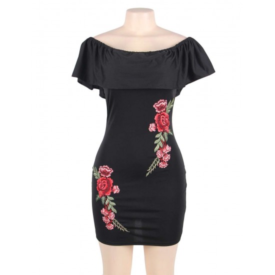 Black Ruffle Off-Shoulder Embroidery Bodycon Dress