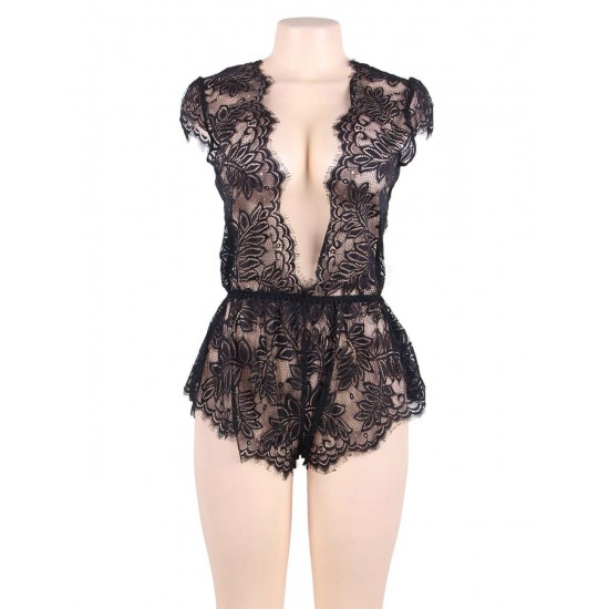 Black Lace Deep V Sexy Teddy