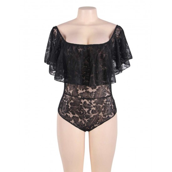 Plus Size Black Lace Ruffle Off-The-Shoulder Teddy