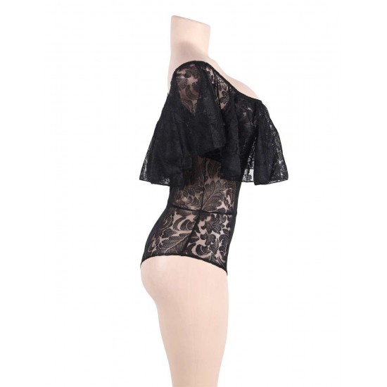 Plus Size Black Lace Ruffle Off-The-Shoulder Teddy