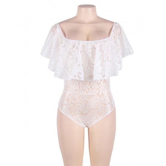 Plus Size White Lace Ruffle Off-The-Shoulder Teddy