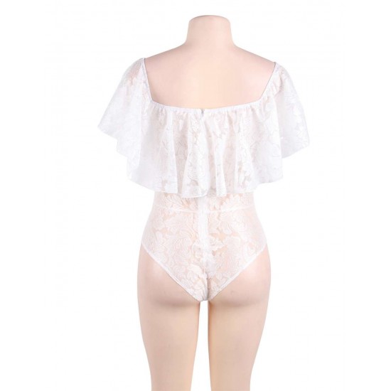 Plus Size White Lace Ruffle Off-The-Shoulder Teddy