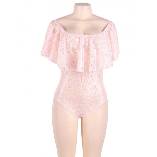 Plus Size Pink Lace Ruffle Off-The-Shoulder Teddy