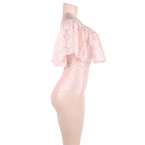 Plus Size Pink Lace Ruffle Off-The-Shoulder Teddy