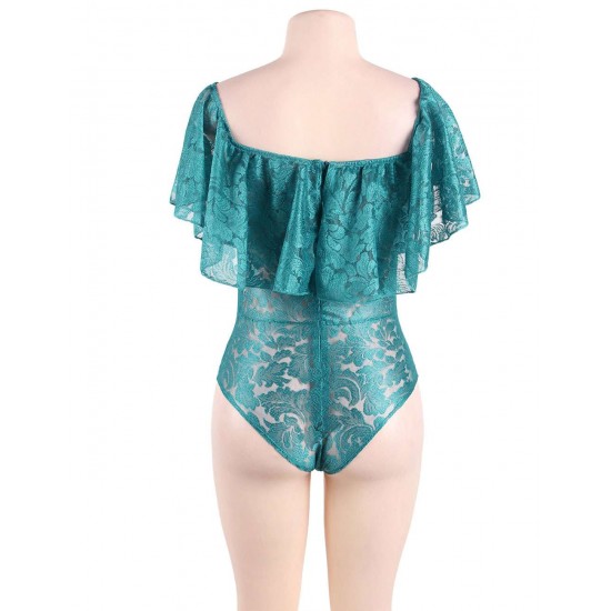 Dark Green Lace Ruffle Off-The-Shoulder Teddy