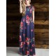 Short Sleeve Pocket Design Navy Blue Floral Maxi Dress