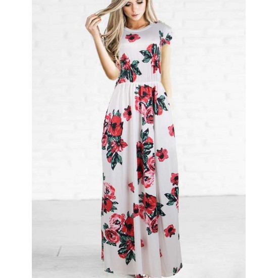 Short Sleeve Pocket Design White Floral Maxi Dress