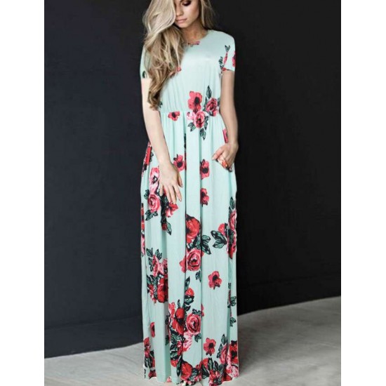 Mint Pocket Design Short Sleeve Floral Maxi Dress