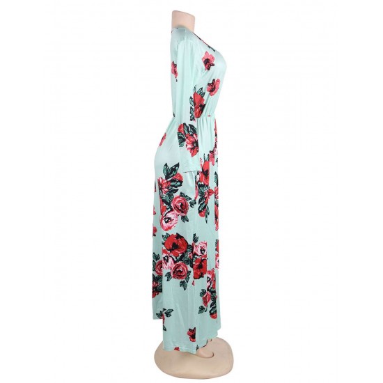 Plus Size Pocket Design Long Sleeve Green Floral Maxi Dress