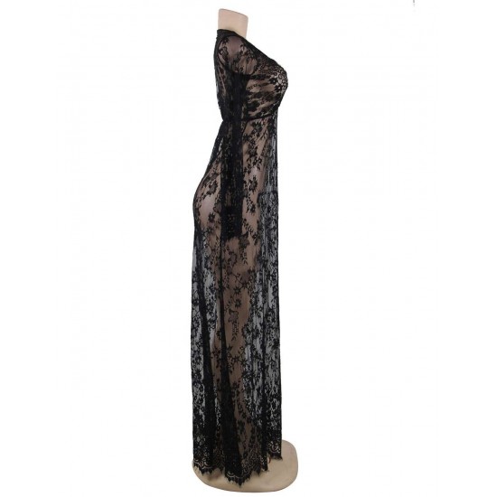 Black Delicate Lace Long Sleepwear Gown