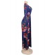 Pocket Design Long Sleeve Dark Blue Floral Maxi Dress