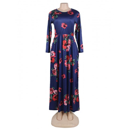 Pocket Design Long Sleeve Dark Blue Floral Maxi Dress