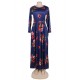 Pocket Design Long Sleeve Dark Blue Floral Maxi Dress