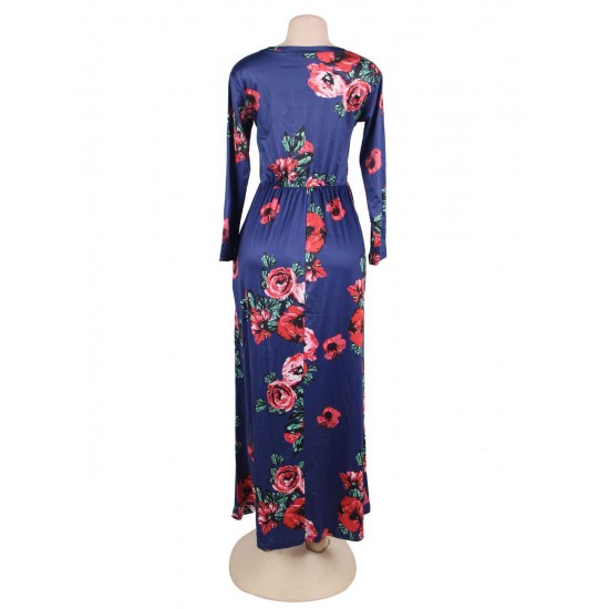 Pocket Design Long Sleeve Dark Blue Floral Maxi Dress