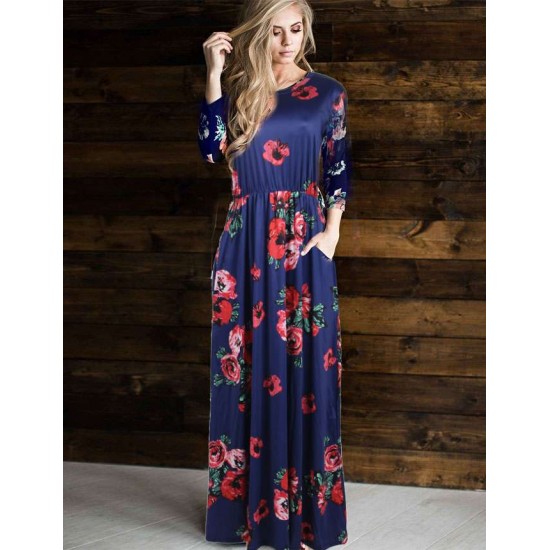 Pocket Design Long Sleeve Dark Blue Floral Maxi Dress