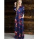 Pocket Design Long Sleeve Dark Blue Floral Maxi Dress