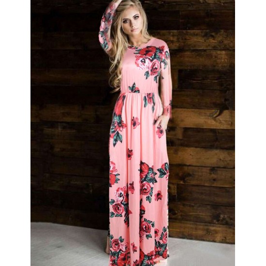 Plus Size Pocket Design Long Sleeve Pink Floral Maxi Dress