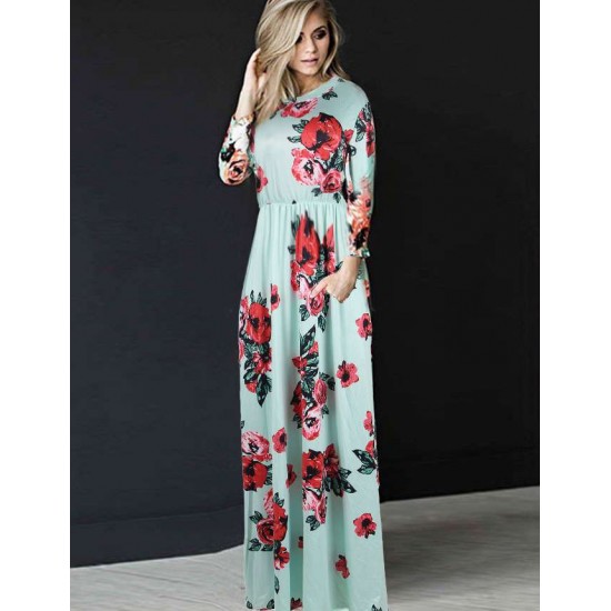 Pocket Design Green Long Sleeve Floral Maxi Dress