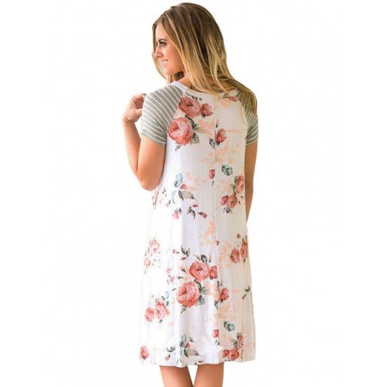 Floral Print White Backdrop A-line Loose T-shirt Dress