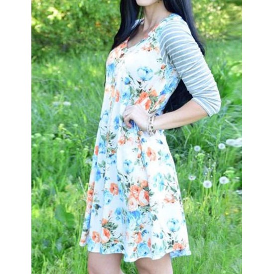 Plus Size White Floral Print Stripe Raglan Sleeve Dress