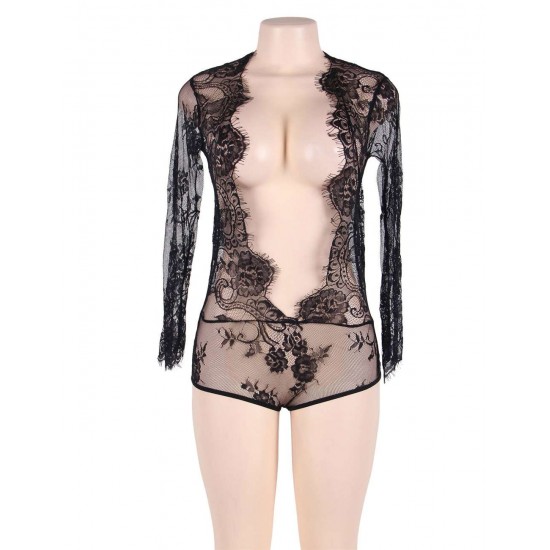 Plus Size Black Exquisite Lace Sleeve Teddy