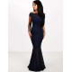 Dark Blue Lace Elegant Fishtail Party Gown For Women