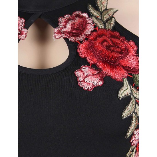 Rose Embroidery Black Mini Bodycon Dress