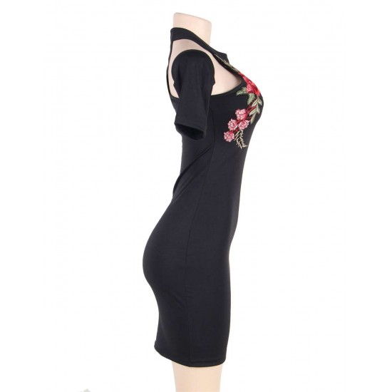 Rose Embroidery Black Mini Bodycon Dress